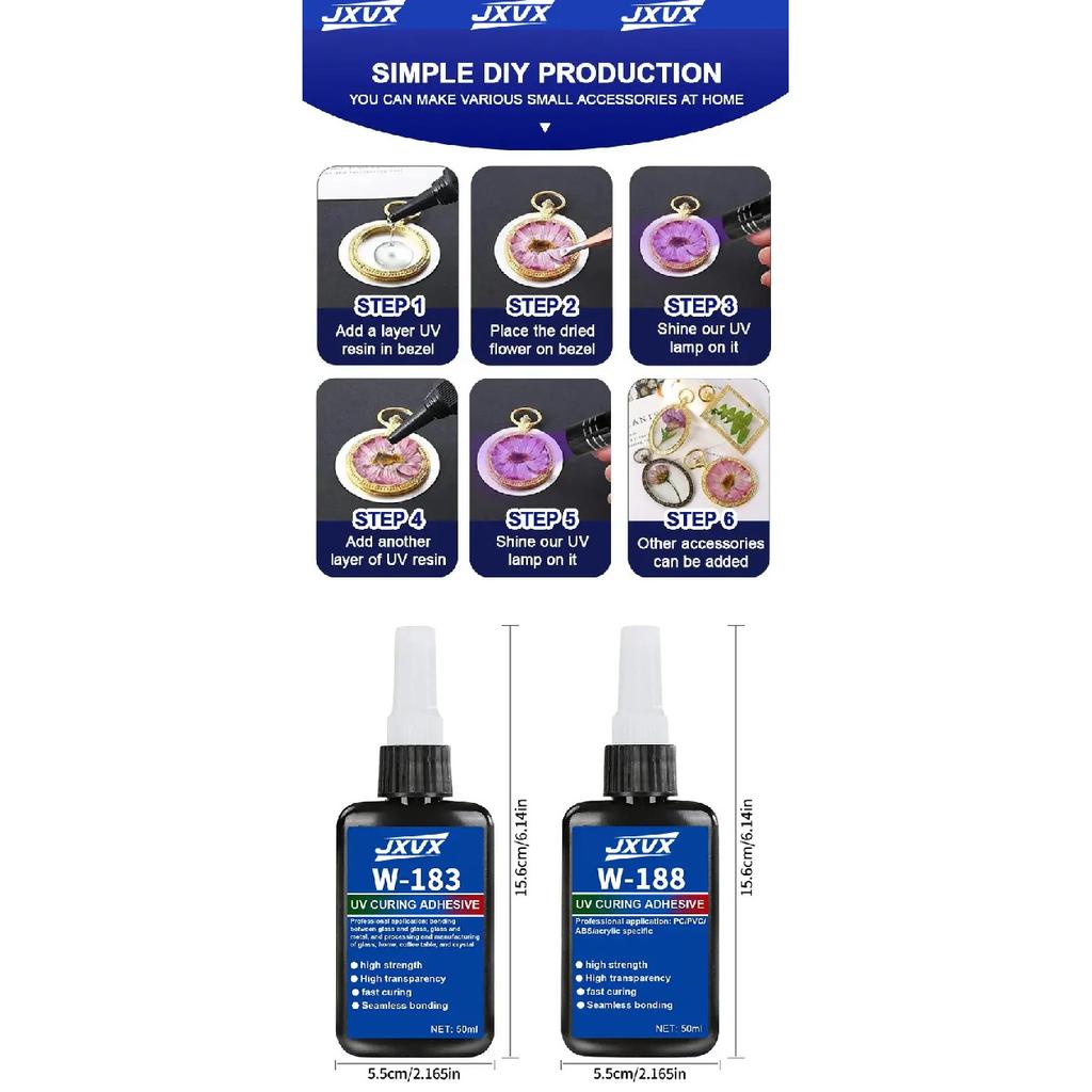 LOOLIFL 50g New W-188 High-Strength UV-Curing Resin Adhesive, Suitable for DIY Projects, Bonding and Welding Glass, Metal, Ceramics, and ABS