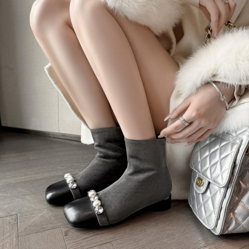 3CM Low Heel Ankle Boots Women Fall Winter Fleece Lined Slim Fit Rhinestone Accent Soft Sole Petite Size Fashion