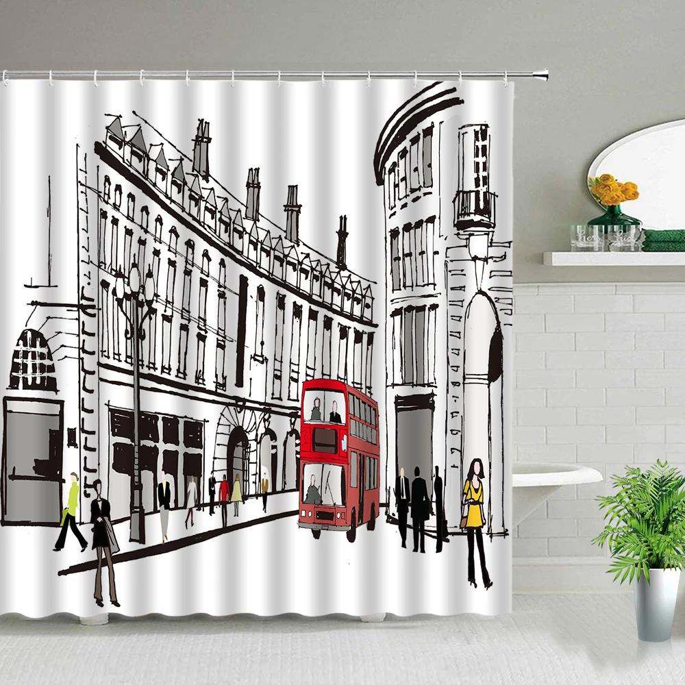 Paris Street Scenery Black And White Design Red Tram Bathroom Shower Curtain Waterproof Bathtub Home Decor Background Curtains