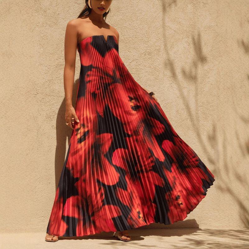 

Fashion Export Print Tube Top Loose Heavy Industry Pleated Long Vacation Photo Maxi Dress Female Black XL