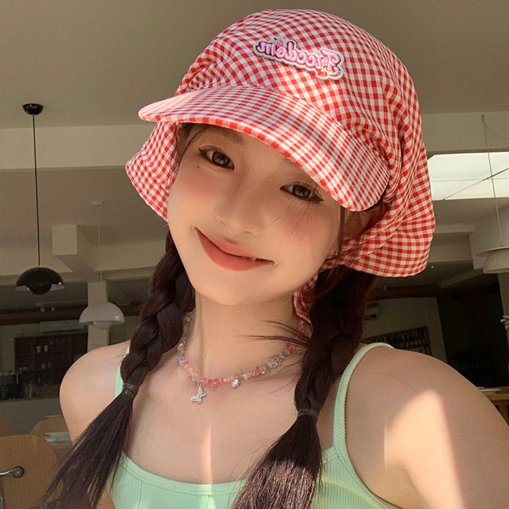 Cotton Strappy Bandana Hat Embroidery Letter Headscarf Hat Simple Plaid Baseball Cap  Girl