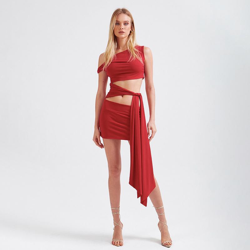 Irregular Diagonal Collar Waist Hollow Dress