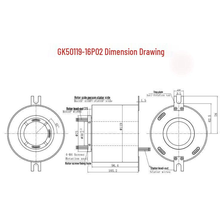 6-12 Circuit High-Speed Conductive Slip Ring, 360-Degree Rotary, 10A, Through-Bore Design