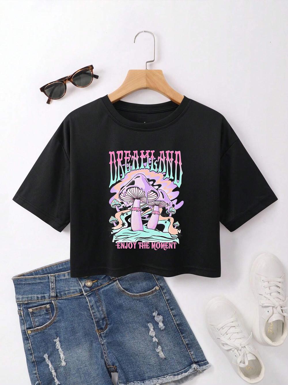 

Cotton Women Crop T-shirts Dreamland Mushrooms Prints Tee Shirts O-Neck Short Sleeves Loose Clothes Summer Fashion Female Tops 4XL