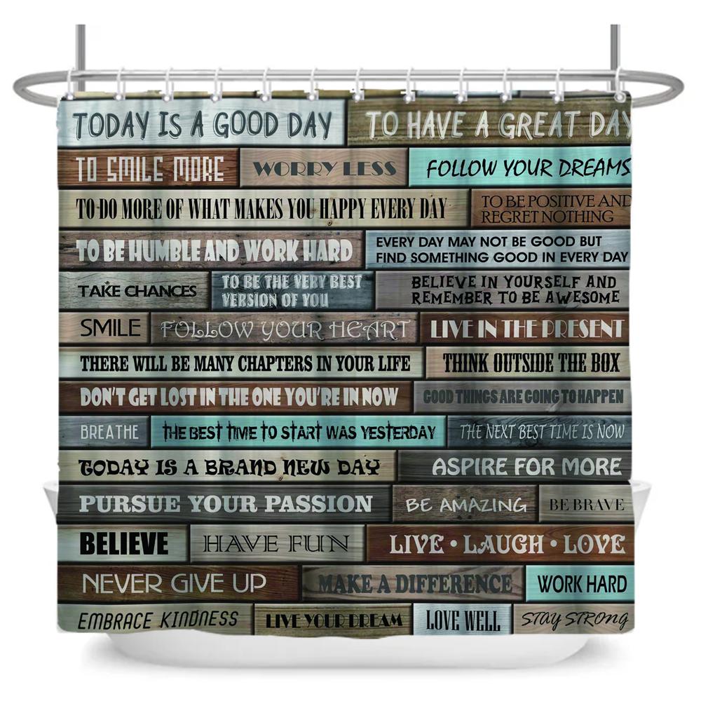 Vintage Rustic Style Wood Grain Letter Shower Curtains Bathroom Curtain Waterproof Polyester Decor Curtain with Hooks Wall Cloth