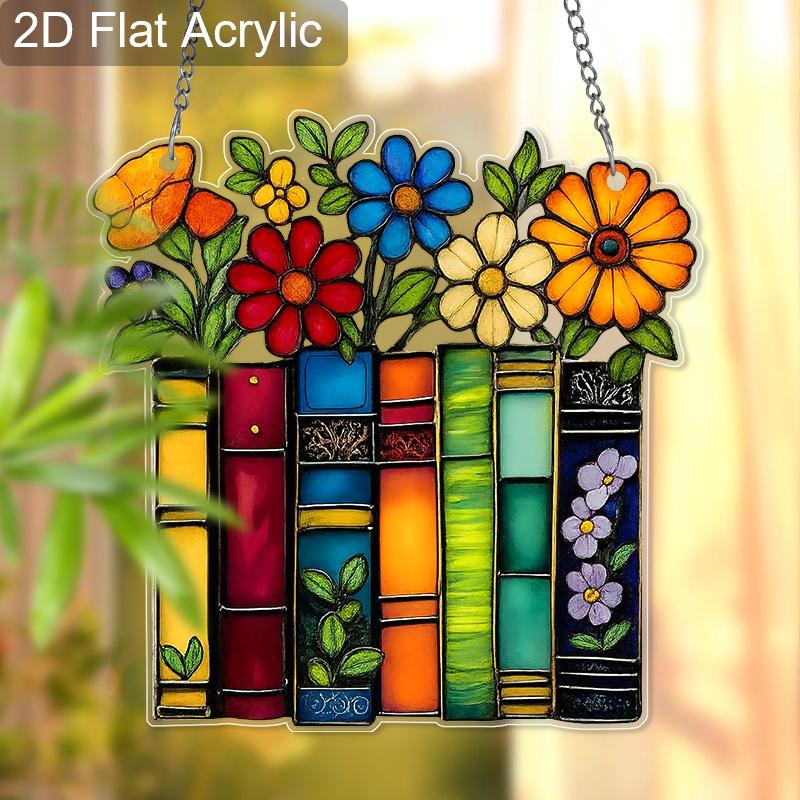 Acrylic Books with Colorful Flowers Suncatcher, Stained Glass Effect Window Hanging Ornament for Book Lovers & Art Themed Gifts