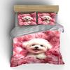 White Puppy Surrounded By Pink Flowers Pattern Duvet Cover Set Digital Print Colorful Polyester Bedding With Zipper Closur