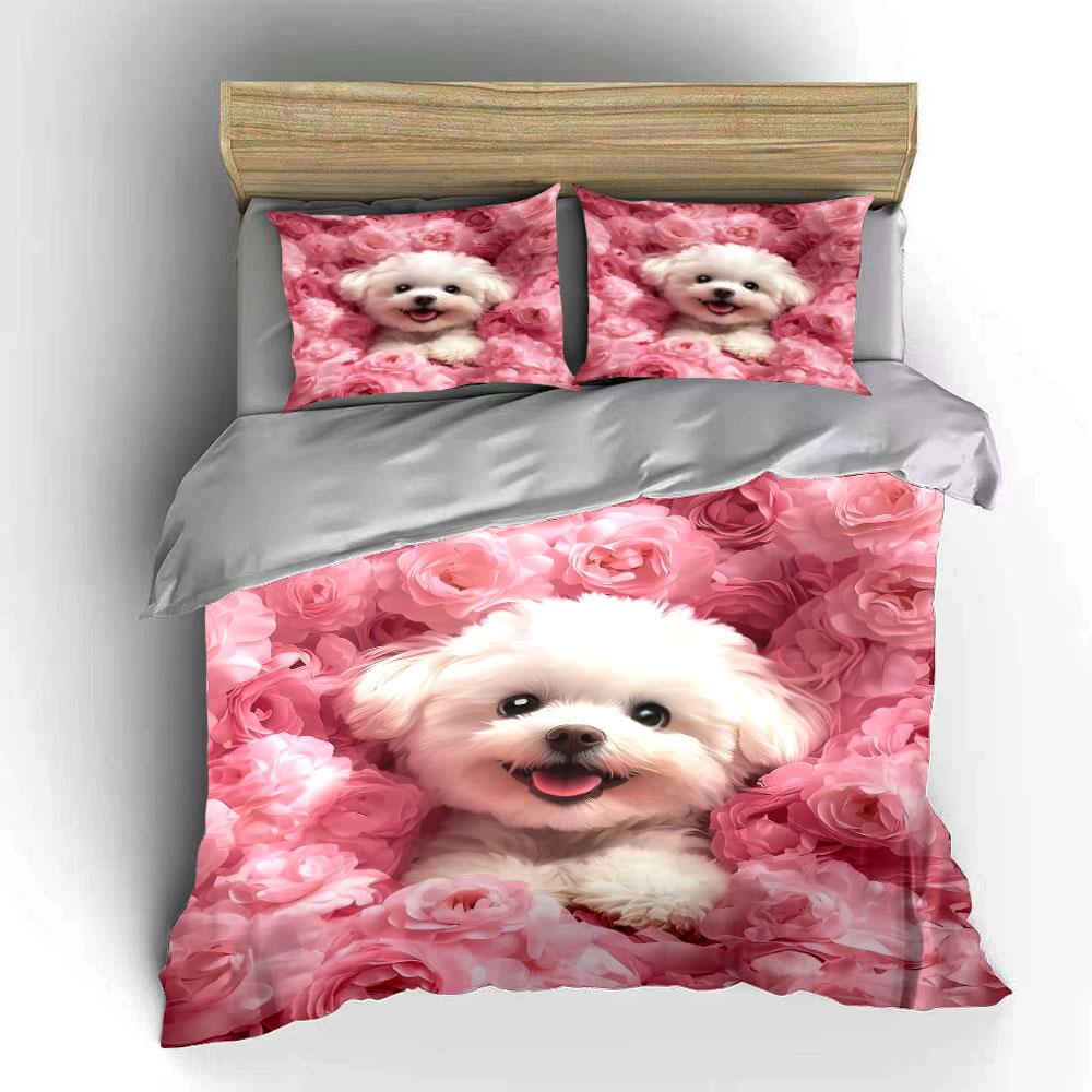 White Puppy Surrounded By Pink Flowers Pattern Duvet Cover Set Digital Print Colorful Polyester Bedding With Zipper Closur