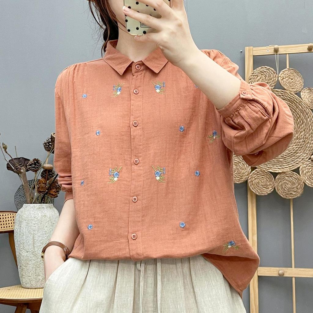 Women's Forest Style Cotton Gauze Shirt: Long Sleeve, Soft, Breathable, with Fresh Floral Embroidery