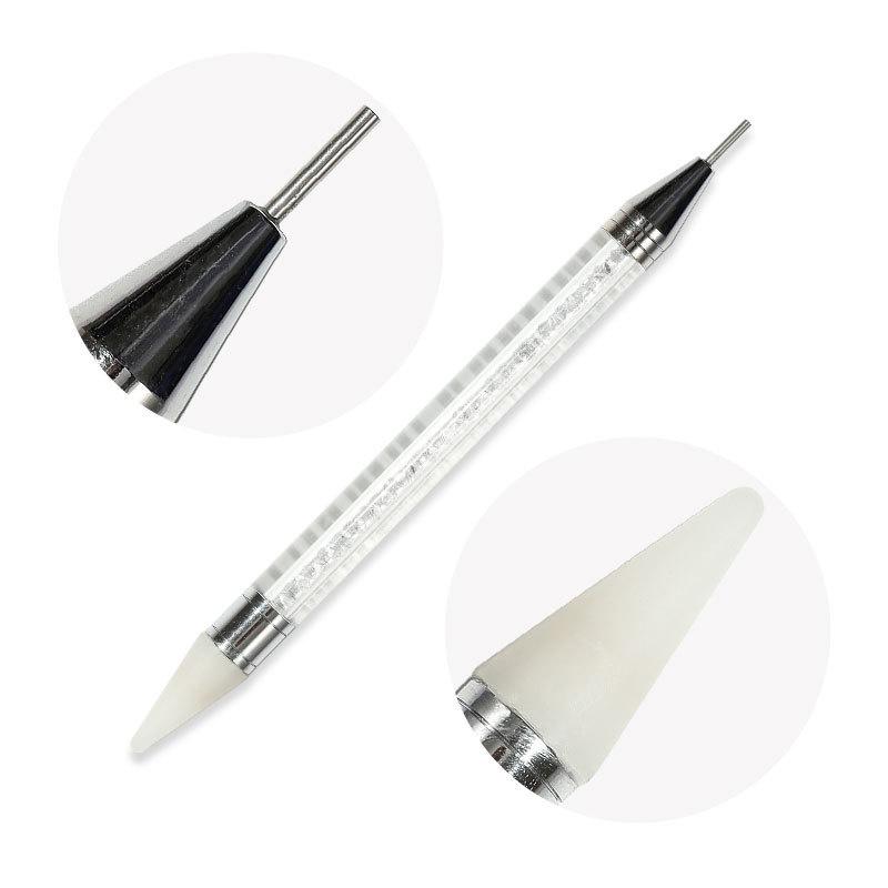 Nail Art White Dual-head Wax Pen With Diamante Embellishment And Rhinestone Picker, Crystal Rhinestone Applicator Tool