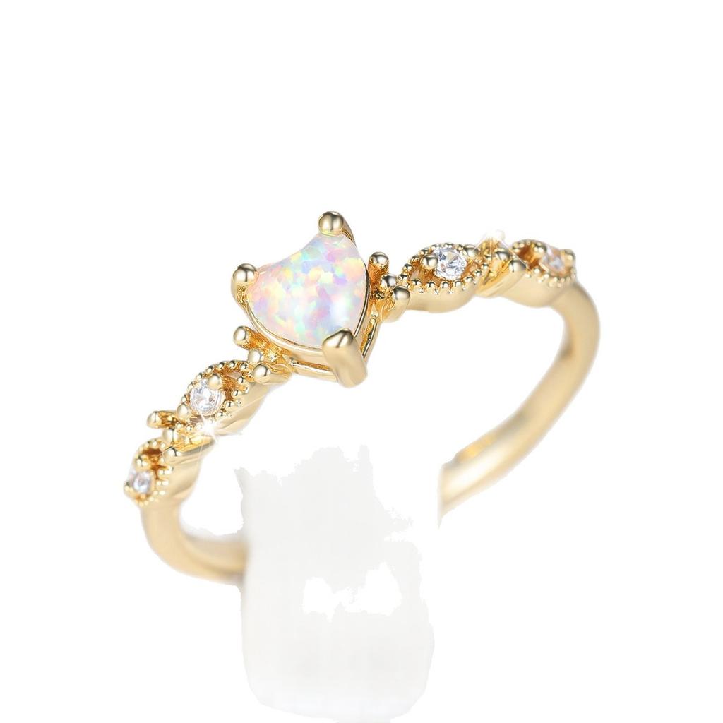 White Fire Opal Small Love Heart Stone Rings for Women Vintage Gold Color Engagement Bands Wedding Jewelry