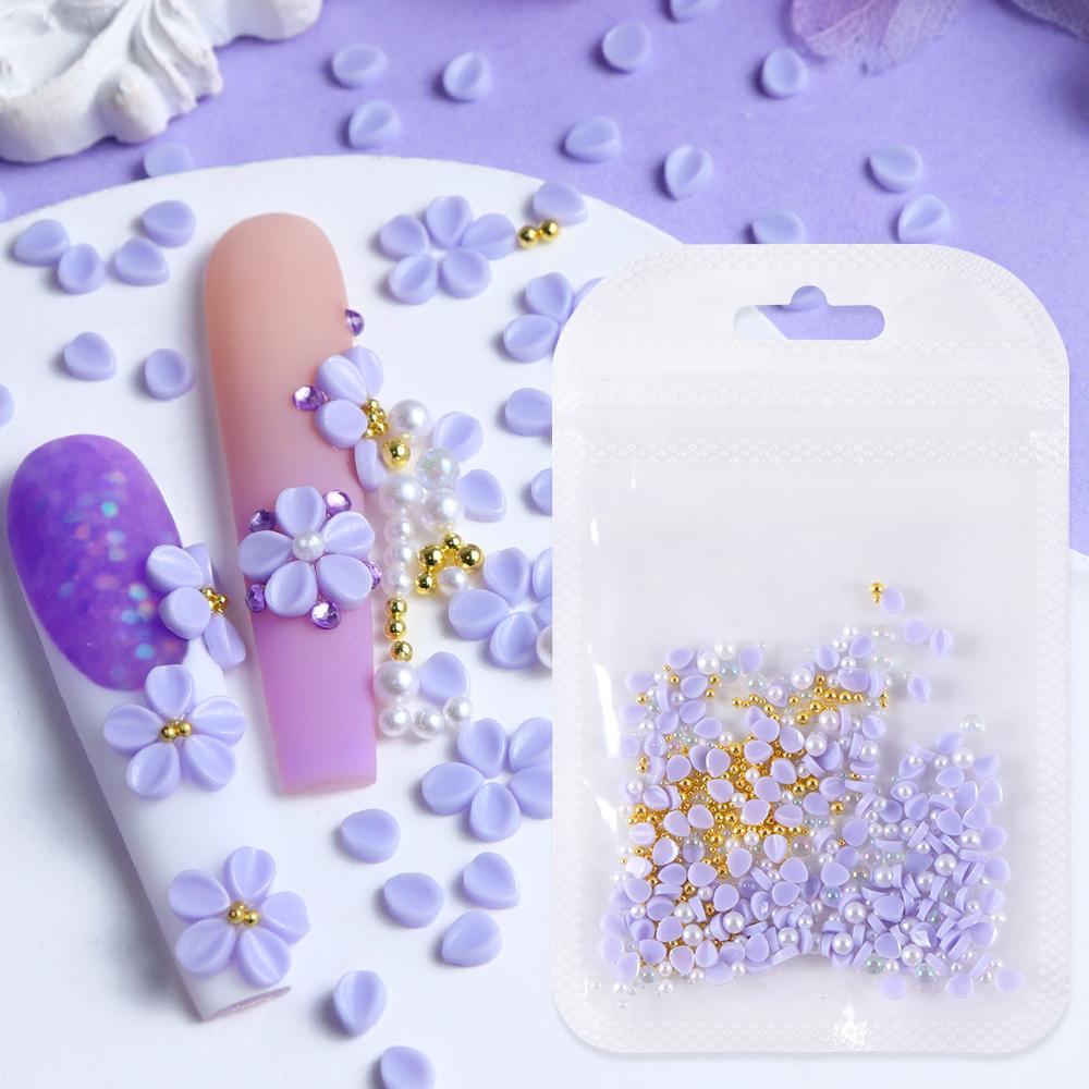 150 Stück lila runde Blütenblätter mit goldener Perle Nageldekorationsmaterial für Klebenagelpatches DIY Nagelprodukte