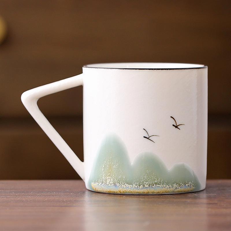 Hand-Painted Distant Mountains Ceramic Tea Tasting Cup Set - Large, Medium, Small with Handle and Gift Box
