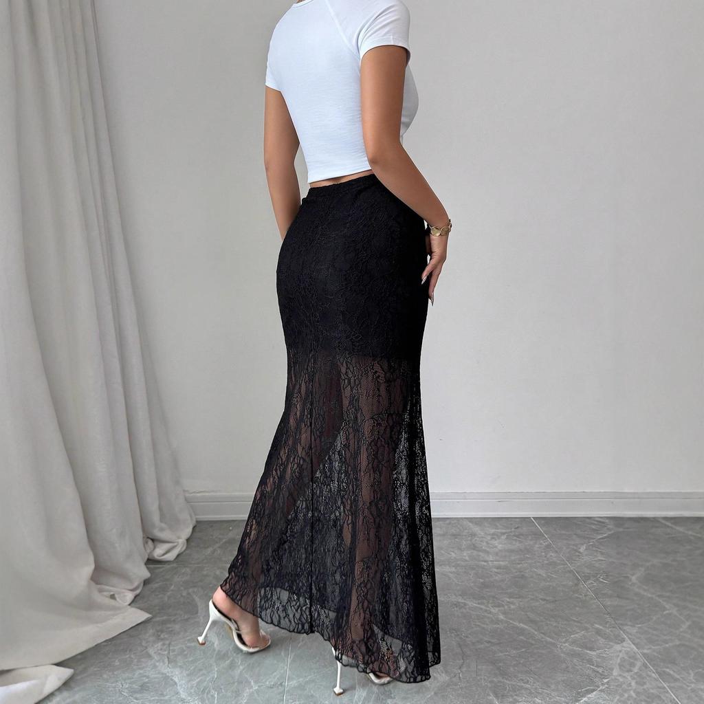 Women's High Waist Sheer Lace Mermaid Maxi Skirt See Through Bodycon Long Pencil Skirt