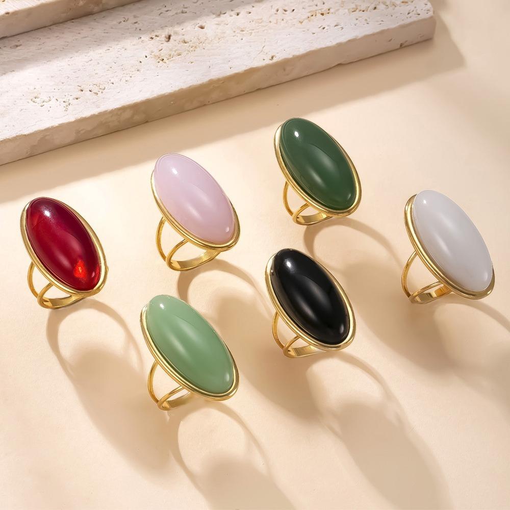 Retro Charm Gold Color Stainless Steel Geometric Oval Dopamine Colorful Natural Stone Rings for Women Finger Jewelry Accessories