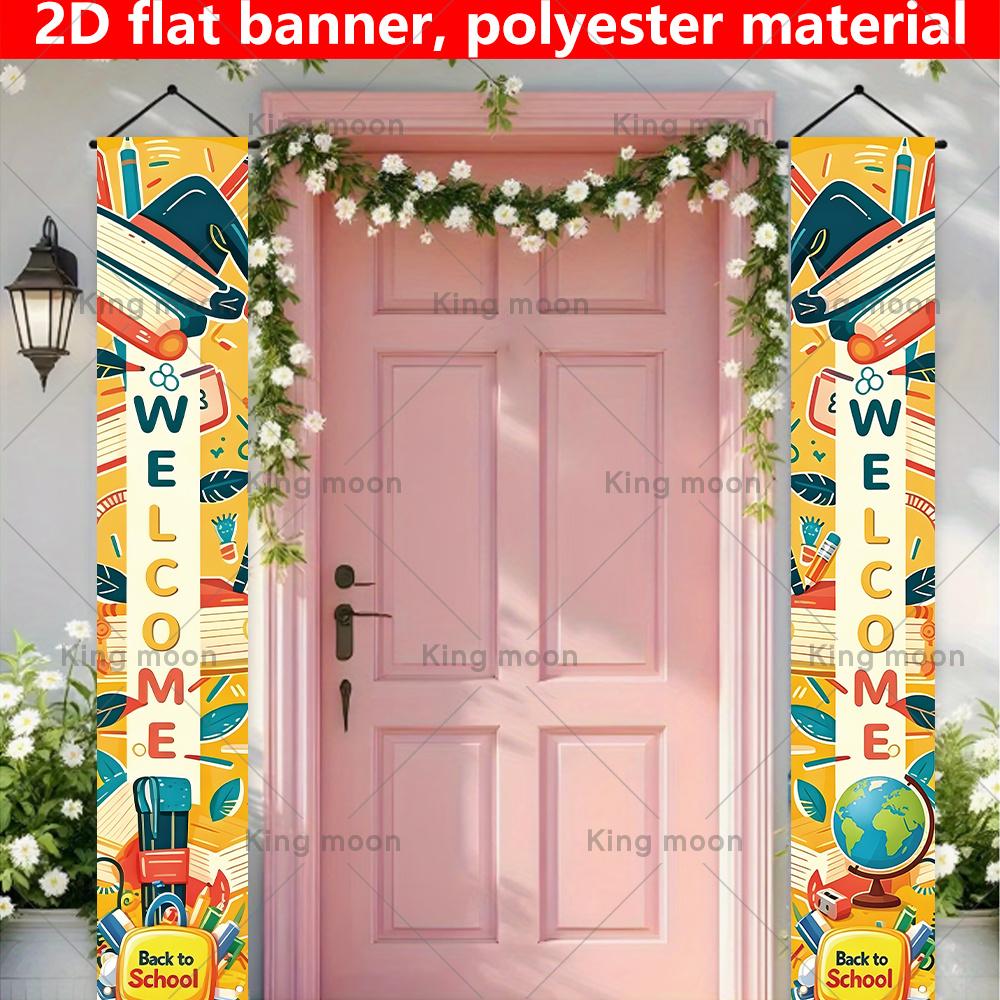 2D Flat, 2pcs Welcome Back to School Banner & Couplet - Graduation Cap & Book Themed Classroom Door Decor, Suitable for for Summer, for, for Parties,