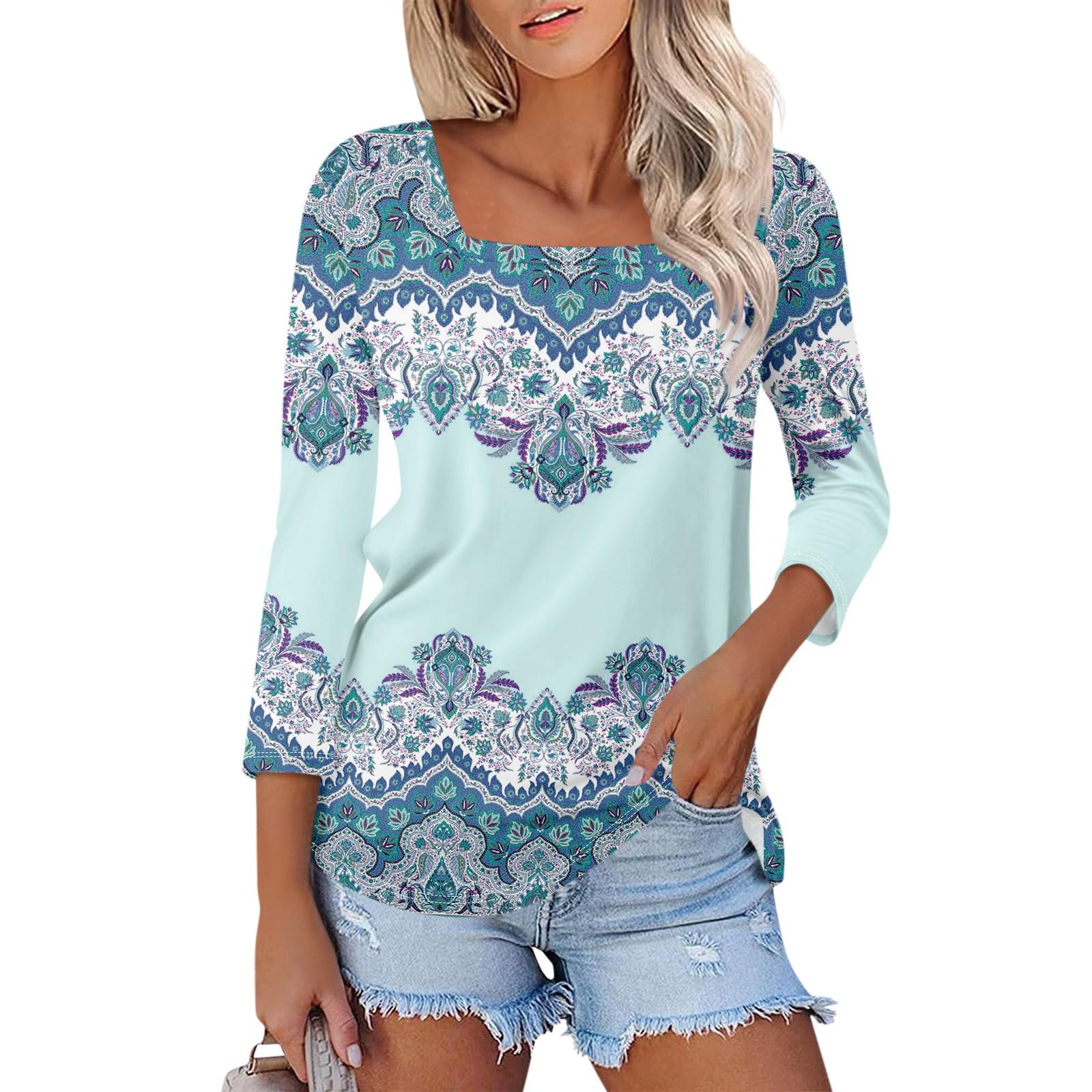 

Женская блузка с рукавом 3/4, квадратным вырезом и цветочным принтом, повседневная свободная туника M