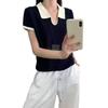 Korean Style Color-Block Polo Collar Knit Cropped T-Shirt