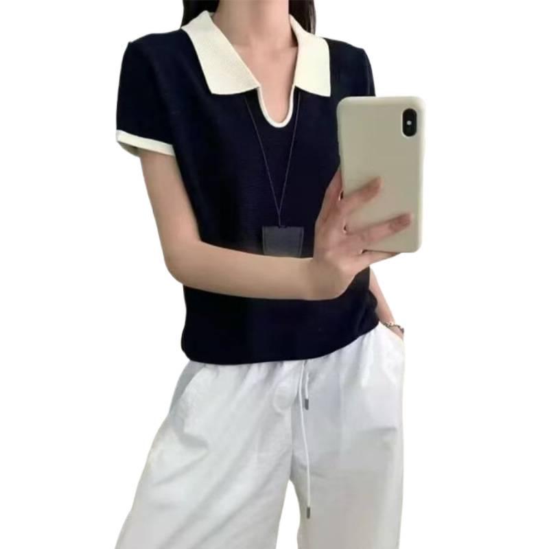 Korean Style Color-Block Polo Collar Knit Cropped T-Shirt