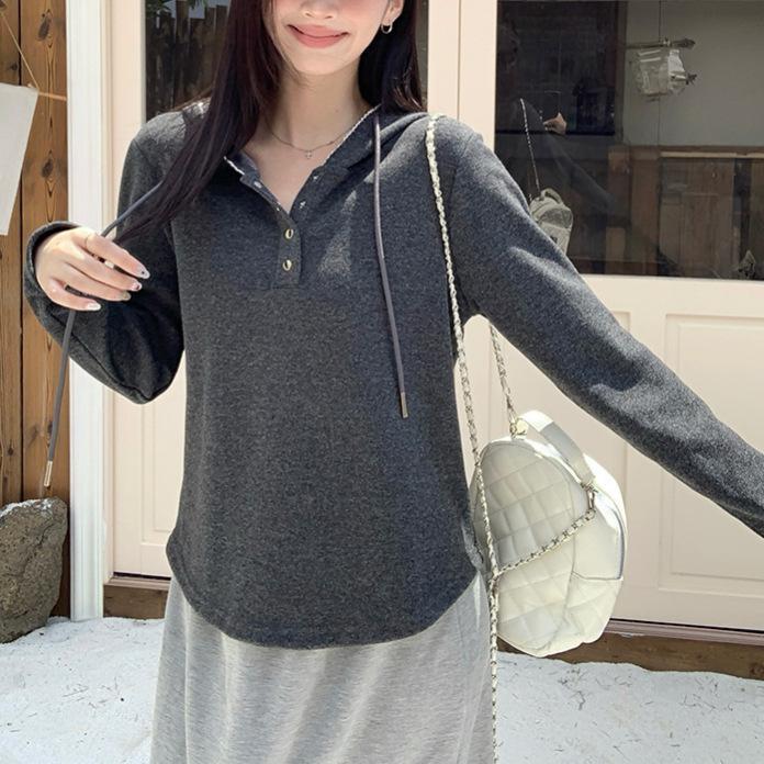 

Gram glutinous rice velvet, hooded solid color shirt women s thin spring and autumn new loose and versatile interior casual 3 темно-сірий
