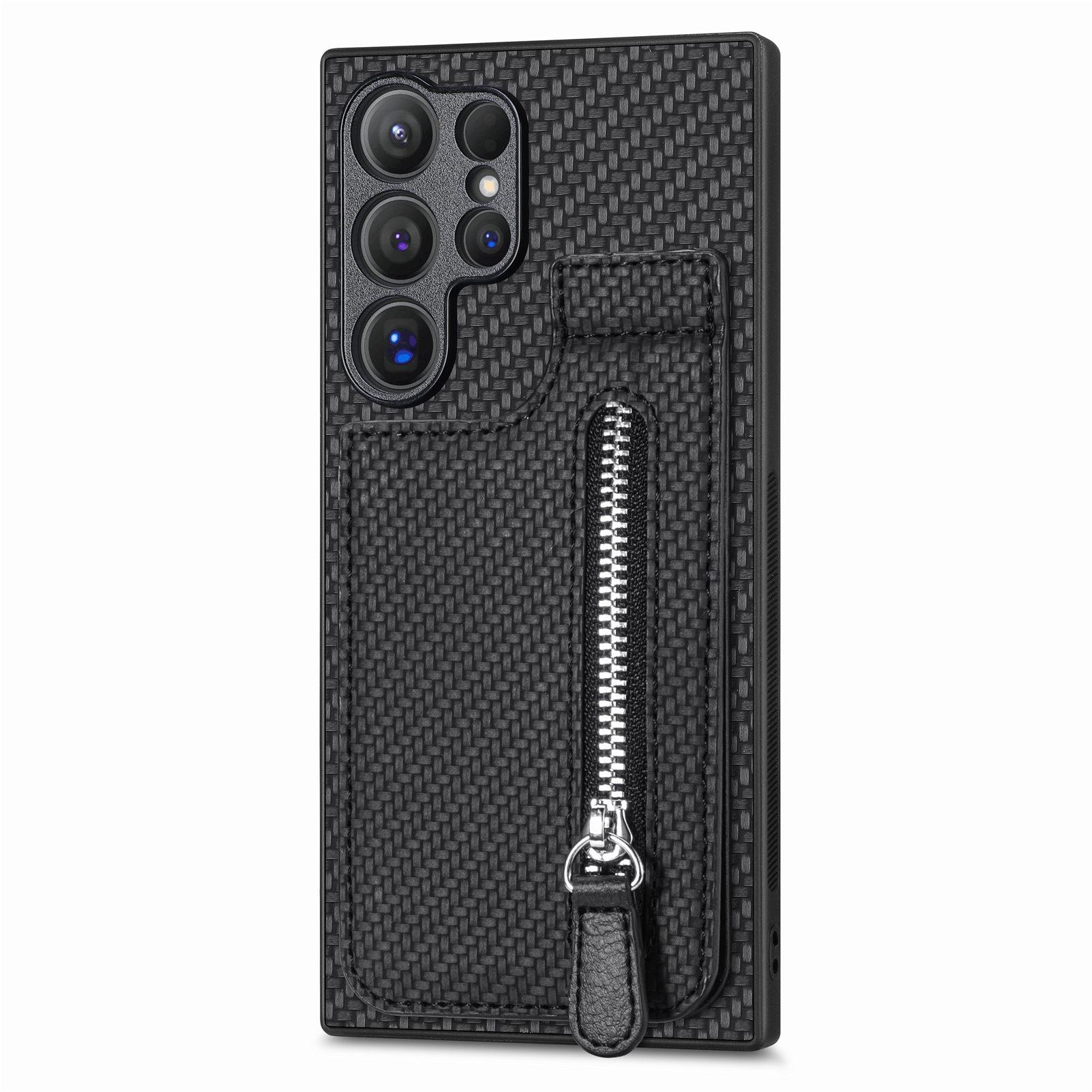 

Шкіряна задня кришка для телефону Samsung Galaxy S25 Ultra із тримачем картки на блискавці та підставкою Black