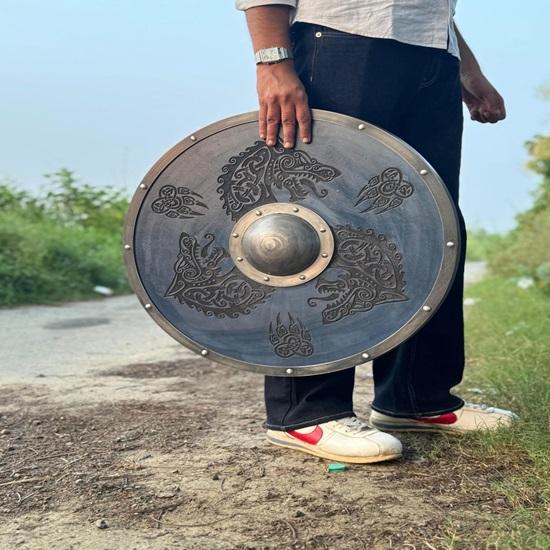 Bouclier Viking en Bois de 45,72 cm, Prêt au Combat, Bouclier Viking Valhalla Cadeau pour Hommes, Bouclier Viking Cosplay, Cadeau Costume d'Halloween Bouclier Nordique