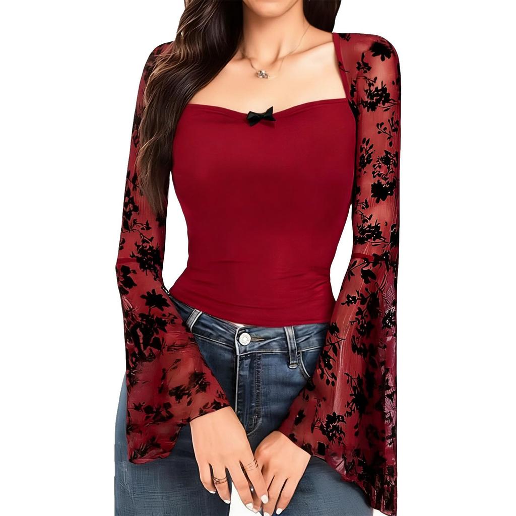 Top de Red Transparente de Alta Gama con Bordado de Encaje de Moda para Mujer