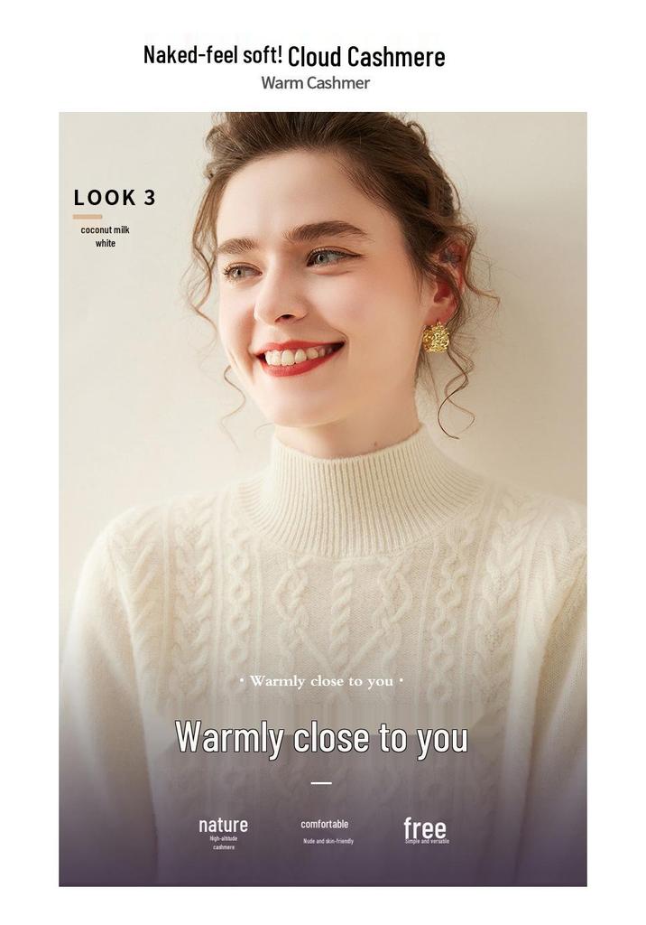 Women's Thick Diamond Pattern Cashmere Sweater - Half-High Neck, Gentle Style, Warm Loose Fit, Short Knitwear for Autumn and Winter