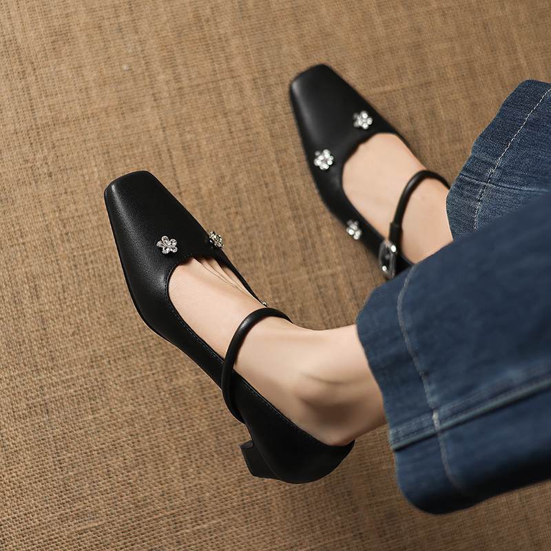 Krazing Pot Microfiber Square Toe Thick Med Heels Spring Summer Shoes Big Size 43 Flowers Decoration Women Office Lady Pumps