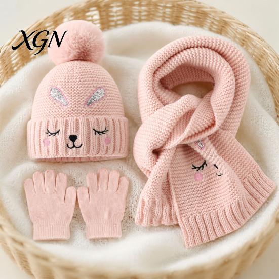 Soft Elastic Acrylic Winter Hats Hat Gloves Scarf Set for Kids, Warm Knitted Pompom Hat, Cute Windproof Cold Weather Gear Children Bunny