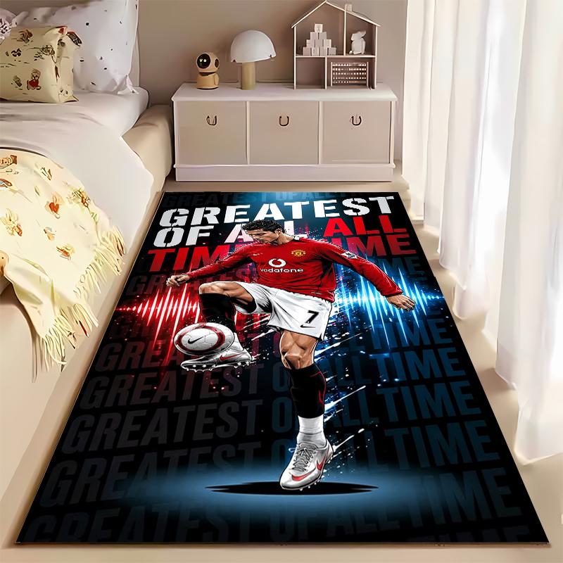 Soccer Star Area Rug, Cristiano Ronaldo Manchester United 7 GOAT Red Jersey Print, Football Fan Living Room Decor, Non-Slip Mat