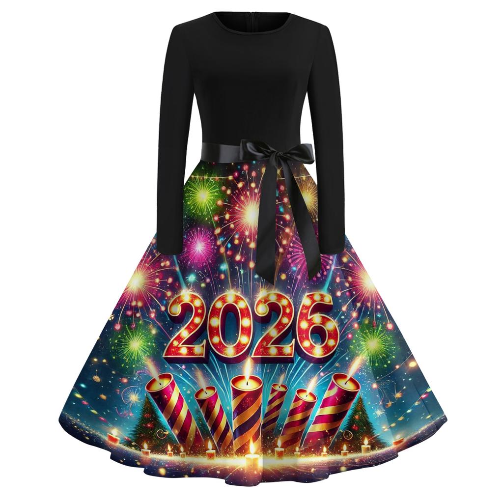 Women's Casual Fashion Round Neck Long Sleeve New Year Printed Retro Dress