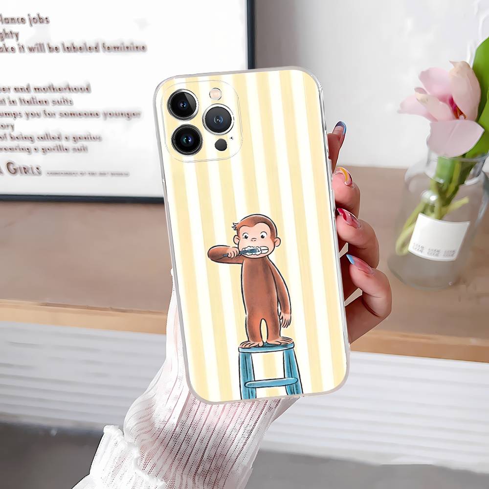 Cute C-Curious G-George Monkey for iPhone 17 16 15 14 13 12 11 Pro Max Plus Transparent Soft TPU Phone Cover