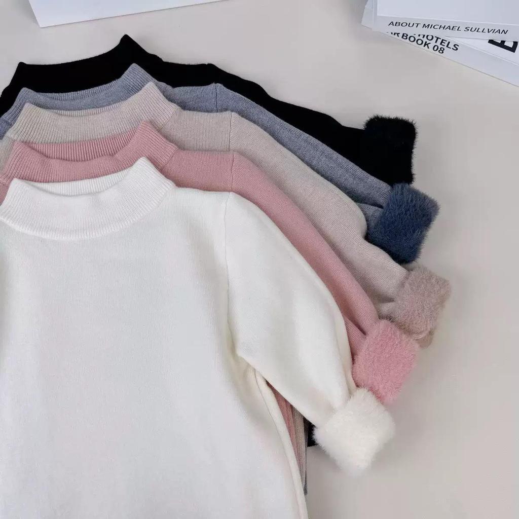 Girls' Fleece-Lined Thick Soft Base Layer Sweater - Half-High Collar for Autumn/Winter