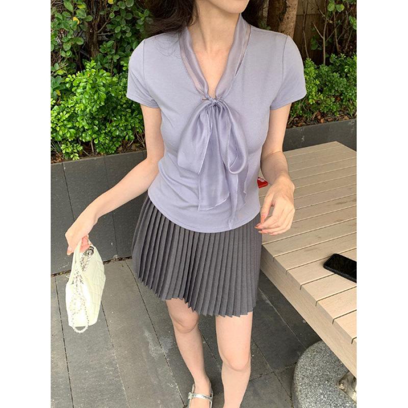 

French Elegance: Purple Lace Bow Tie Knit T-Shirt with Short Sleeves - Women s Slim Fit Summer Top One Size фиолетовый