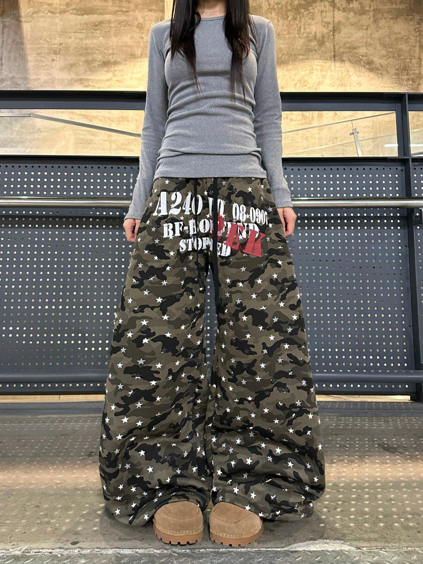 Women s Retro Camouflage Wide-Leg Hip Hop Pants Large