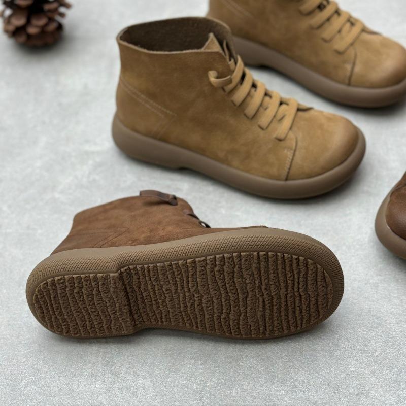 Women Genuine Leather Short Boots Round Toe Genuine Leather Handmade Retro Street Style Winter Warm Flats Ankle Boots