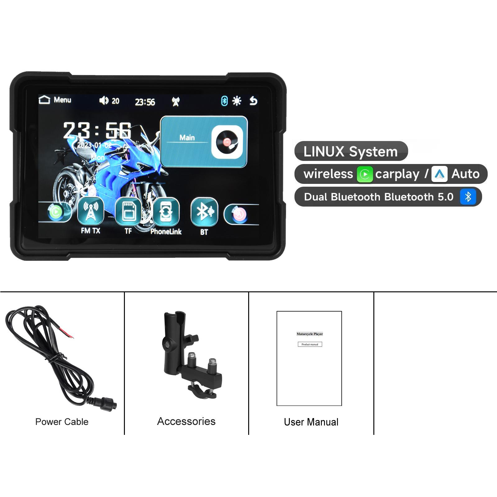 

Портативный мотоциклетный CarPlay 5 дюймов 1000 нит Внешний водонепроницаемый мотоциклетный сенсорный экран Поддержка CarPlay и Android Auto