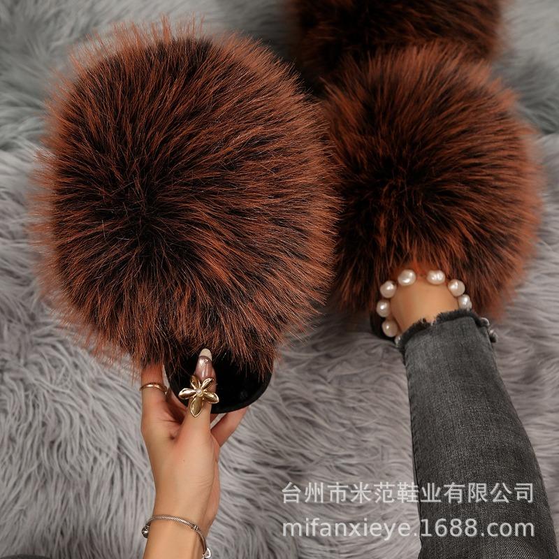 Leopardenmuster Langhaar-Taschenkopf Warme Baumwollpantoffeln Damen Flauschige Haar Pantoffeln