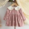 Elegante Vestito Monocolore con Collo da Bambola per Bambine - Nuovi Arrivi Primavera/Autunno, Vestito Principessa Ricamato a Maniche Lunghe per Neonate