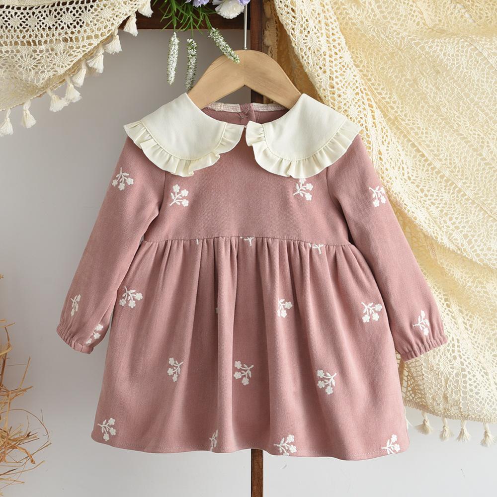 Elegante Vestito Monocolore con Collo da Bambola per Bambine - Nuovi Arrivi Primavera/Autunno, Vestito Principessa Ricamato a Maniche Lunghe per Neonate
