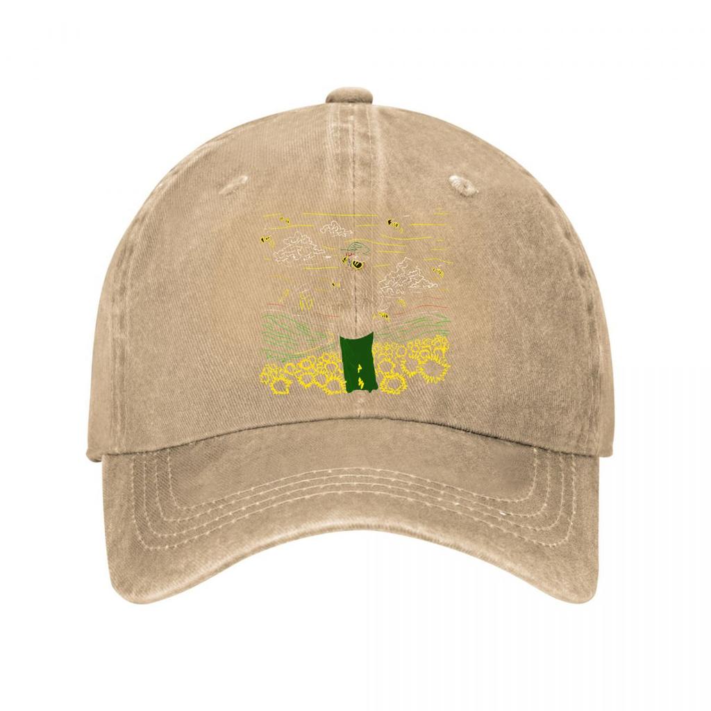 Van Gogh Style Sunflower Field Neon Line Art Print Washed Baseball Cap Outdoor For Womens Unisex FeUnisex