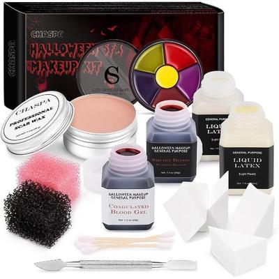 CHASPA Halloween Flüssiglatex Spezialeffekte SFX Make-up-Set Gefälschte Narbenwundenwachs + 2 Flaschen Blutflüssigkeit Spachtelwerkzeug Cosplay 2-teiliger Tupfschwamm