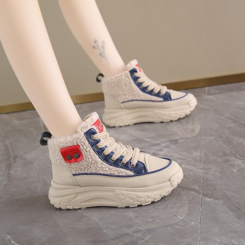 2024 Winter Women's Velvet High-Top White Sneakers, Korean-Style, Height-Boosting, Warm Leisure Sports, Model K6701