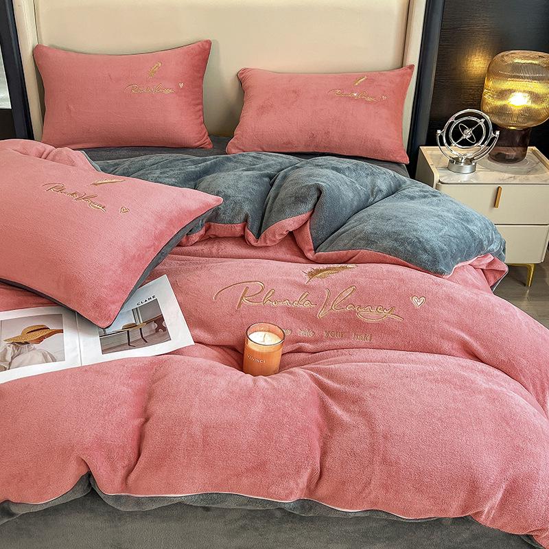 Coral Fleece Milk Velvet Winter Bedding Set: Thickened Embroidered Duvet Cover and Bed Sheet for Dorms.