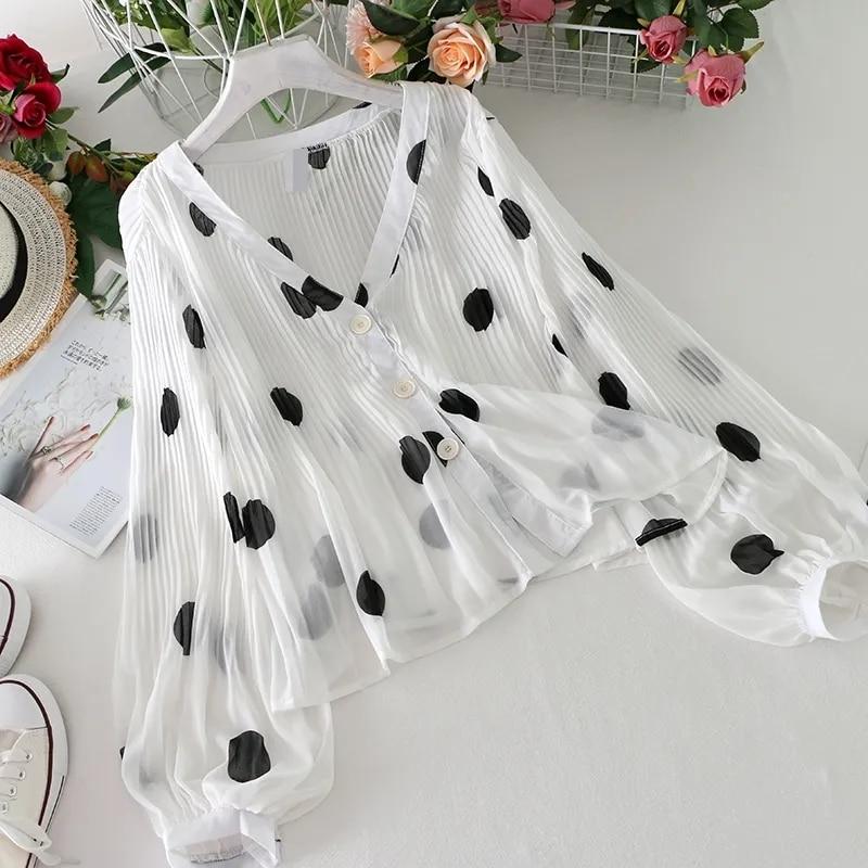 

Lantern Sleeve Polka Dot V -Neck Chiffon Sunscreen Shirt Women S Shirt Summer Loose Chiffon Tops One Size