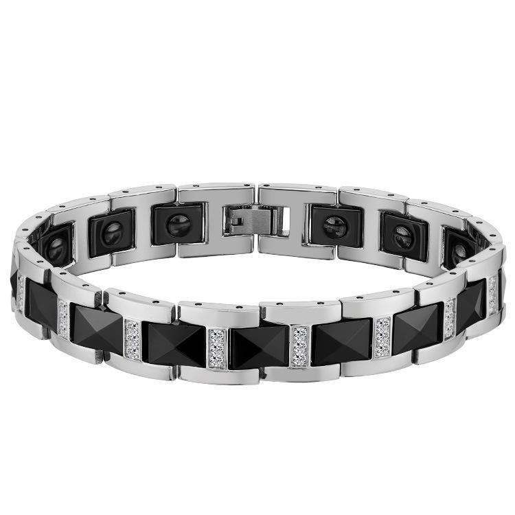 12MM Pyramid Titanium Steel & Ceramic Men s Magnetic Bracelet with Zircon Inlay Natural серебряный