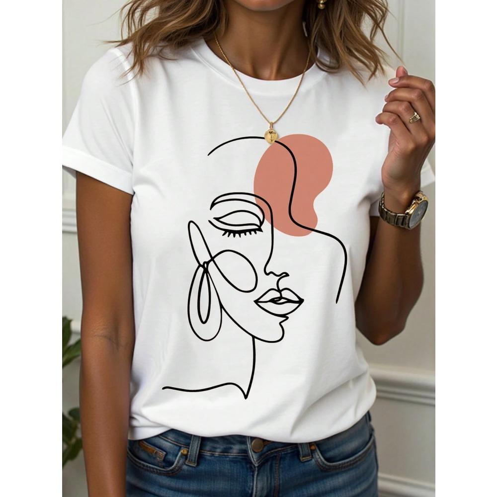 Abstract Face Gradient Color Print T-Shirts Women's Casual Short Sleeve O-Neck Tees Harajuku Y2K Tops Female Clothing