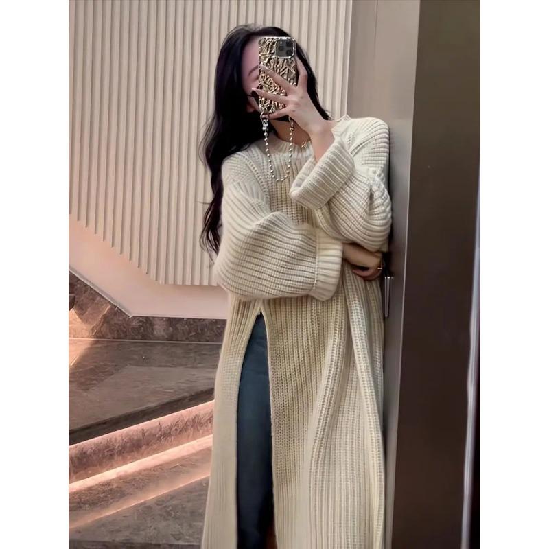 Side Slit Knitted Dress Women's Casual Autumn And Winter Female Loose Simple Long Sweater Skirt Korean Elegant Long Dresses