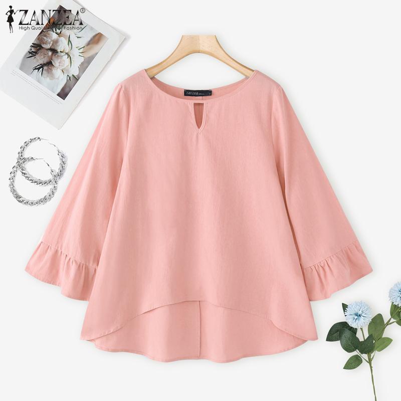 ZANZEA Women Casual Round Neck Loose 3/4 Sleeve Cotton Blouse